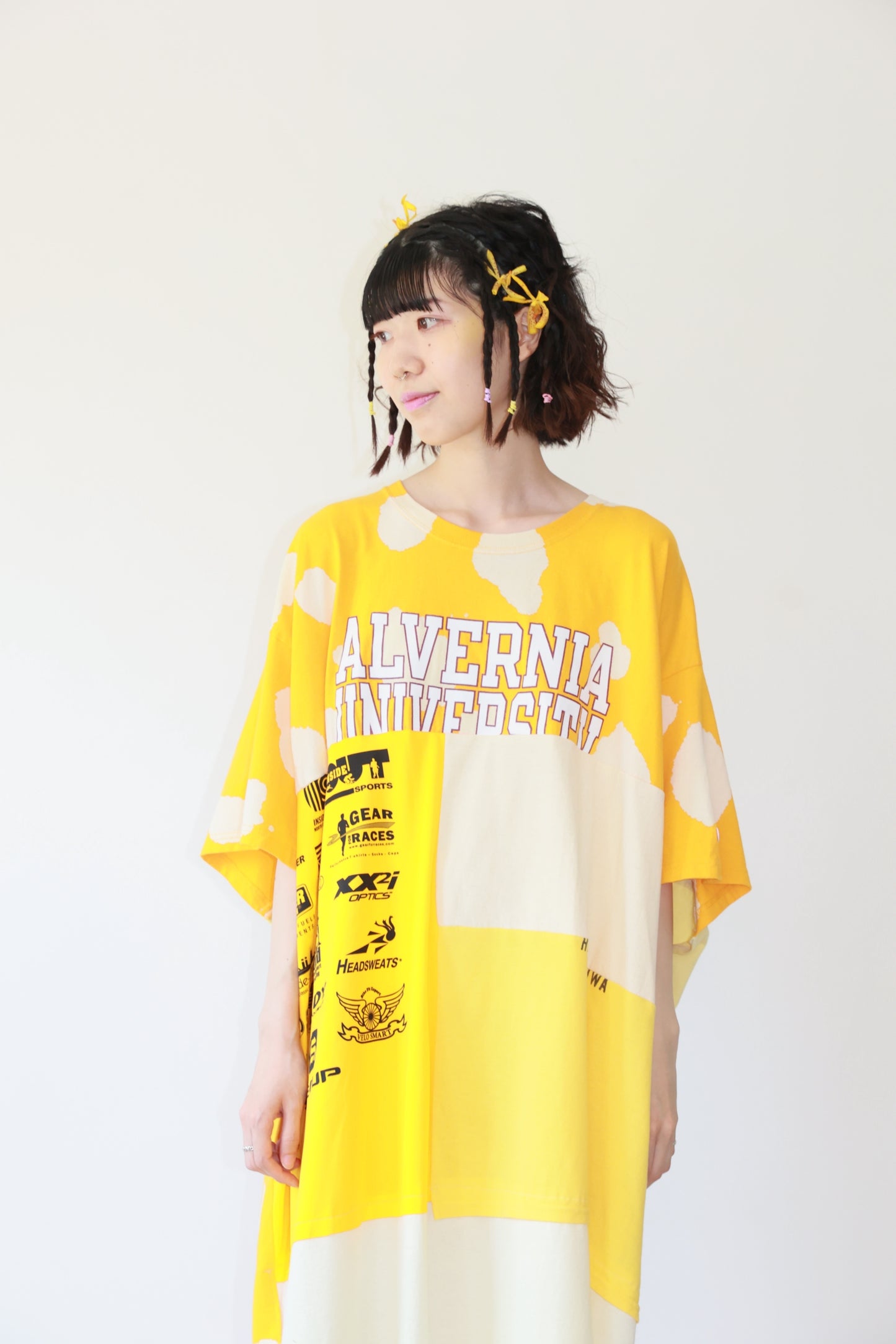 POTTOxUDW UP-CYCLED TIE-BLEACHED YELLOW ONE-PIECE DRESS,  OVER-SIZED