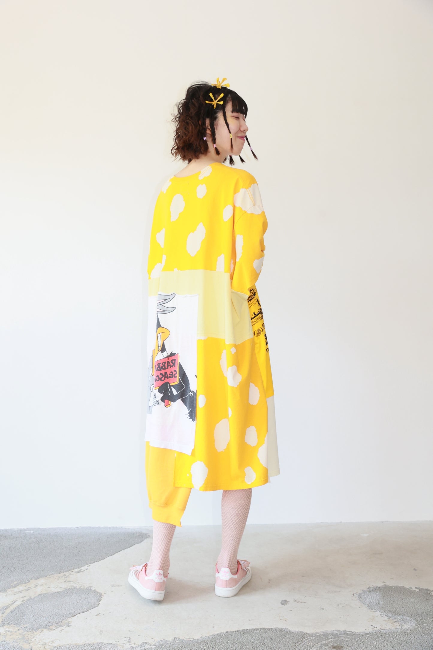 POTTOxUDW UP-CYCLED TIE-BLEACHED YELLOW ONE-PIECE DRESS,  OVER-SIZED