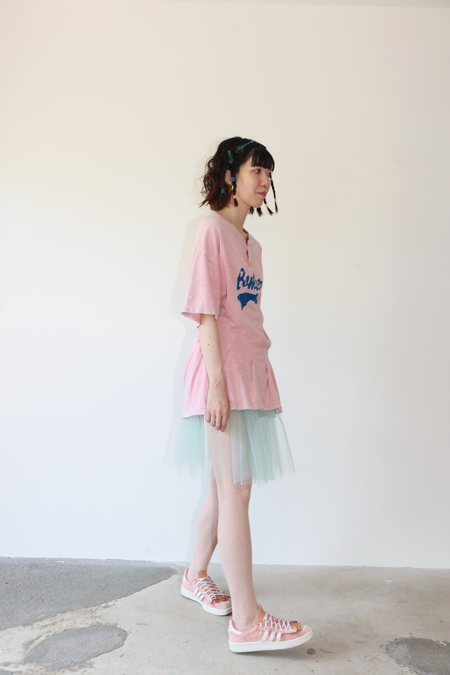 POTTOxUDW UP-CYCLED PIGMENT-DYED ATTACHABLE TULLE ONE-PIECE DRESS, BONTAGE PINK