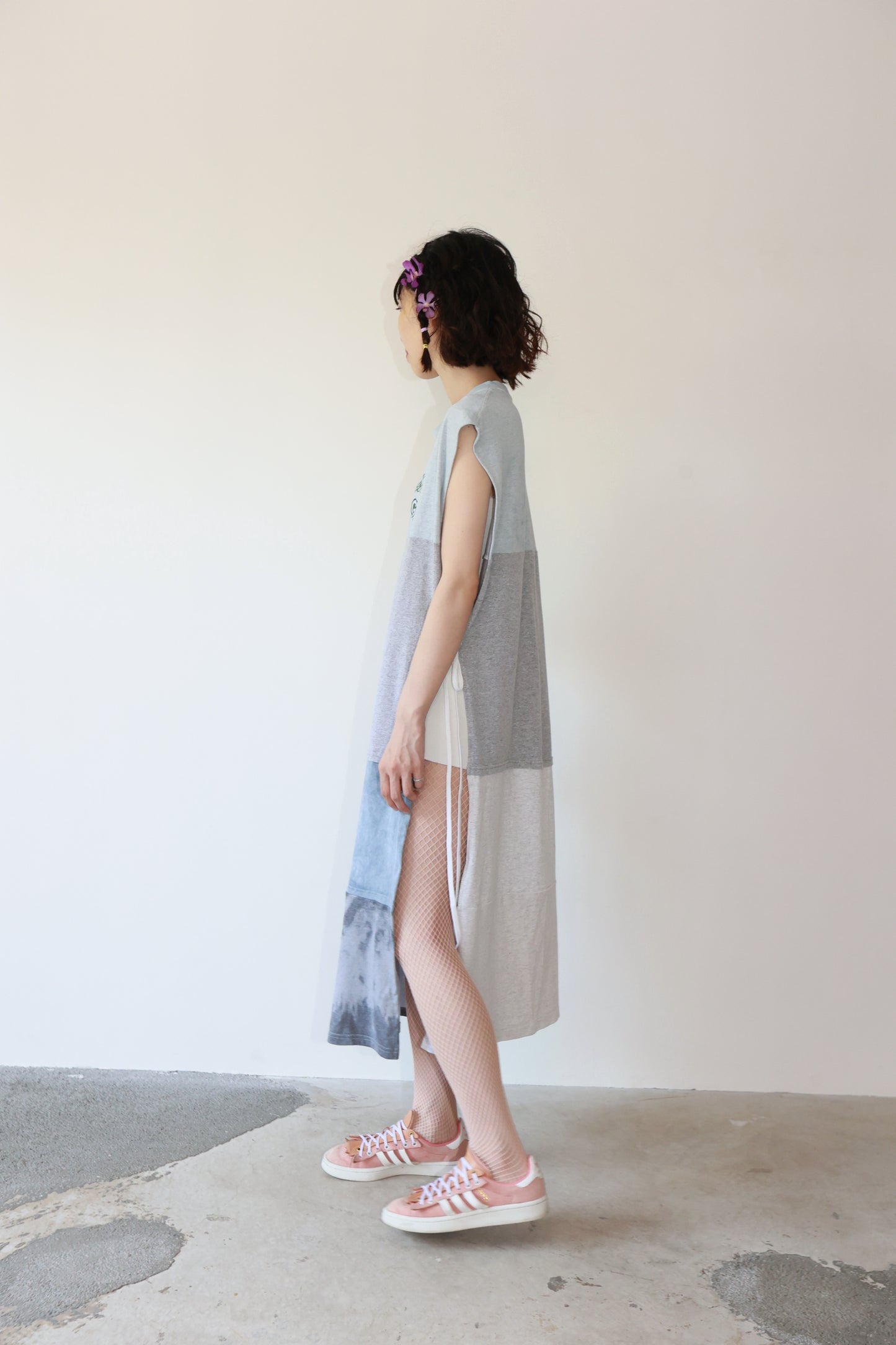 POTTOxUDW UP-CYCLED PIGMENT-DYED SIDE OPEN ONE-PIECE DRESS, CARE