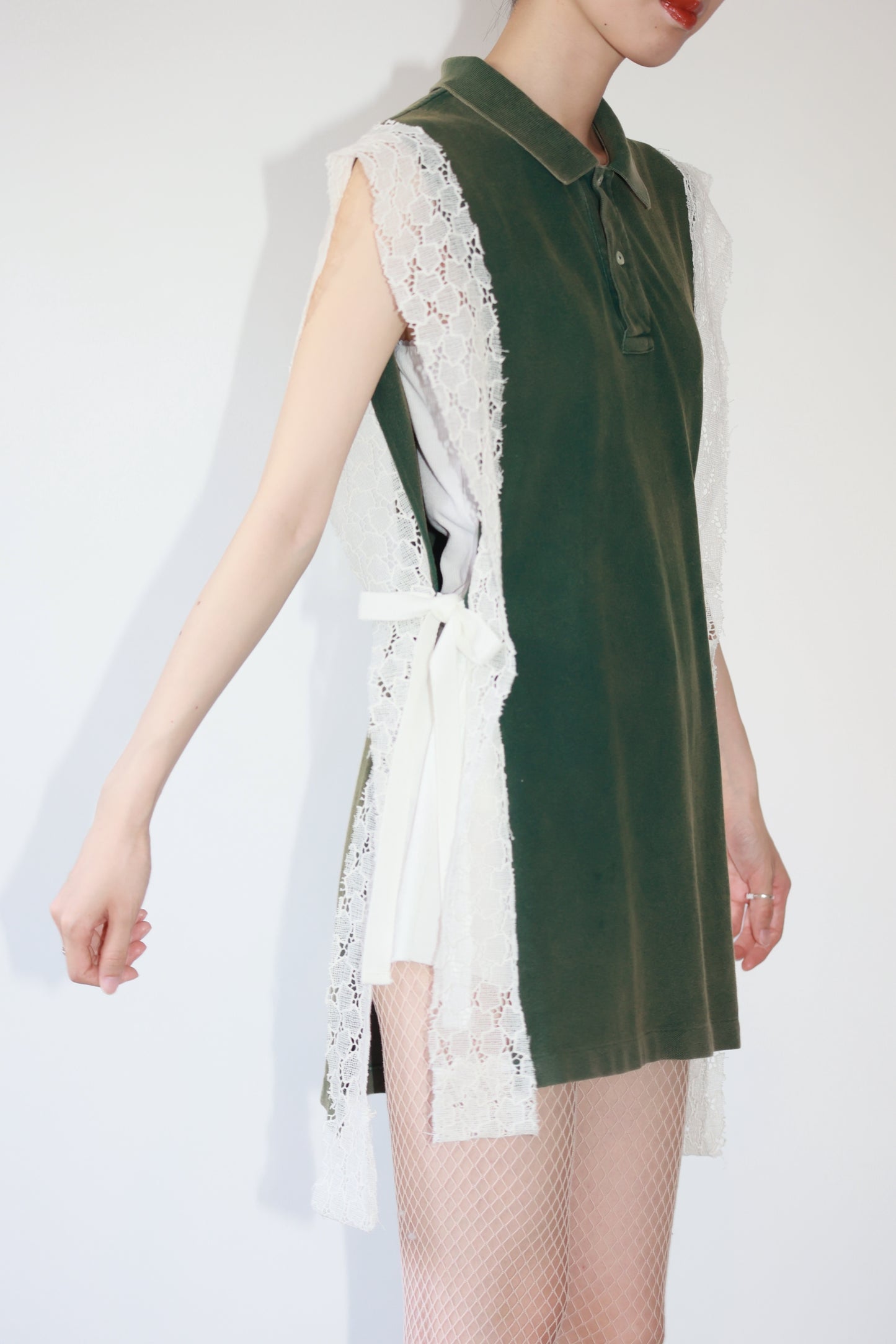 POTTOxUDW UP-CYCLED PIGMENT-DYED GILET, MOSS-GREEN, LACE